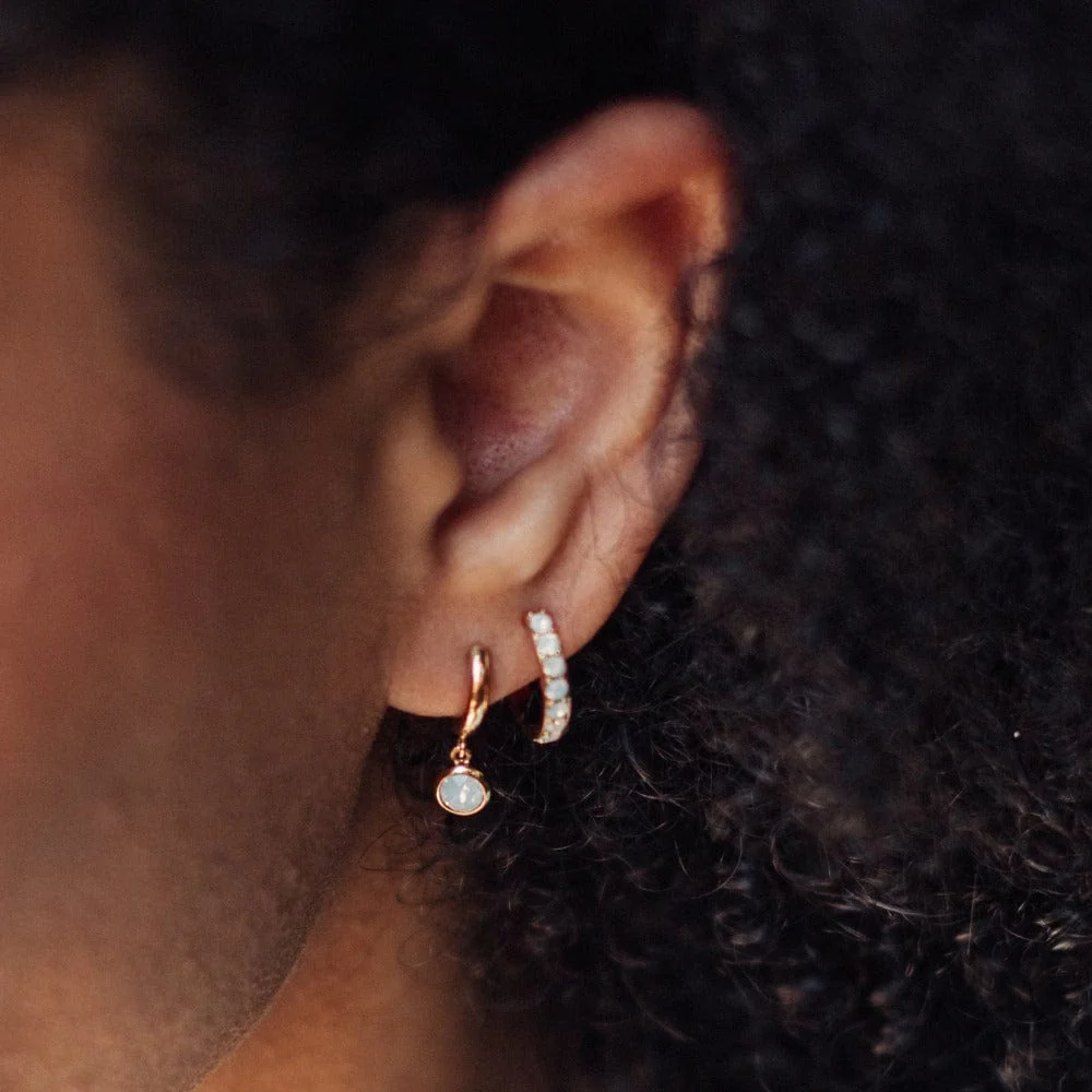 White Opal Drop Huggie Hoop Earrings Made With Swarovski® Crystals - Gold - Image 5