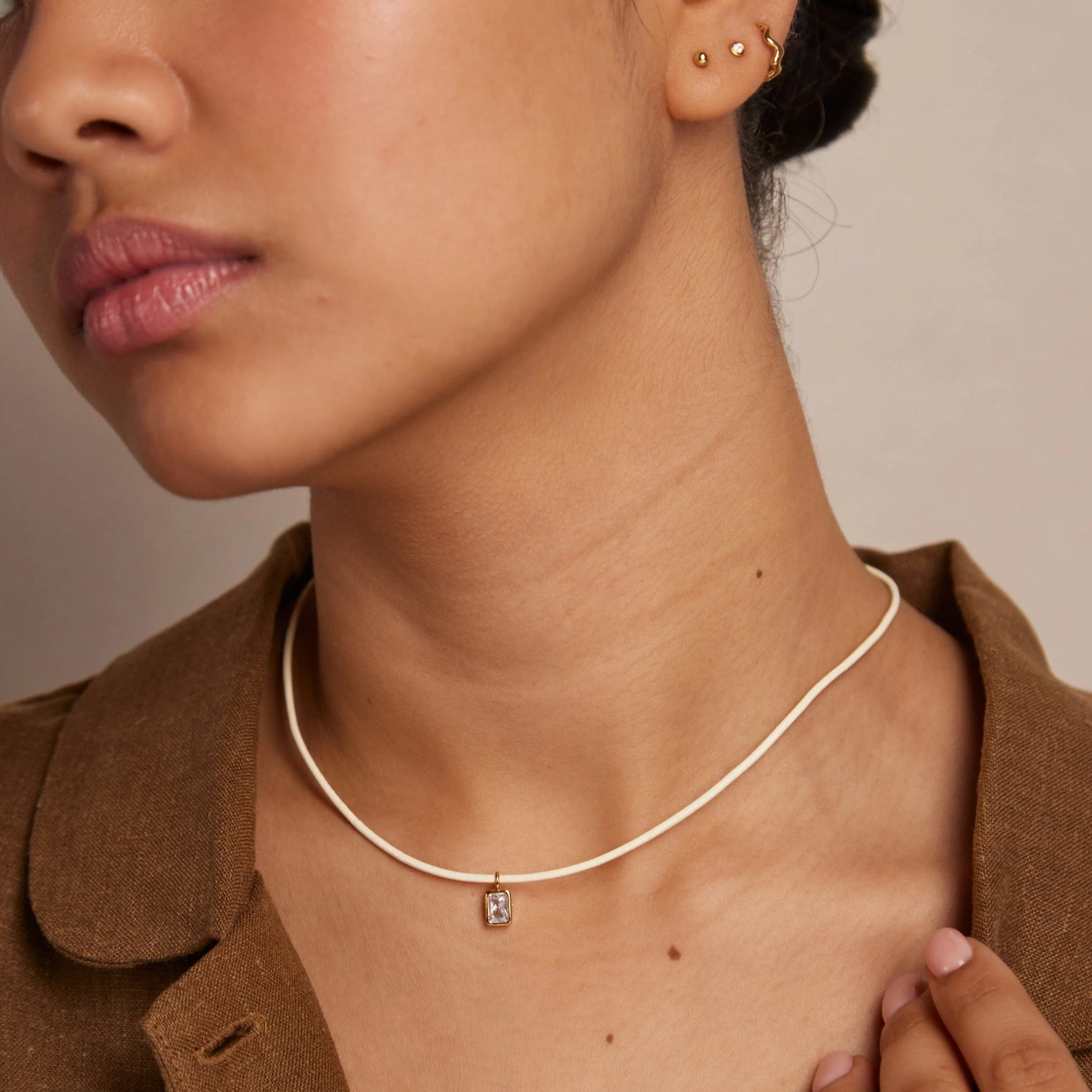 Crystal Baguette & Leather Adjustable Necklace - Image 2