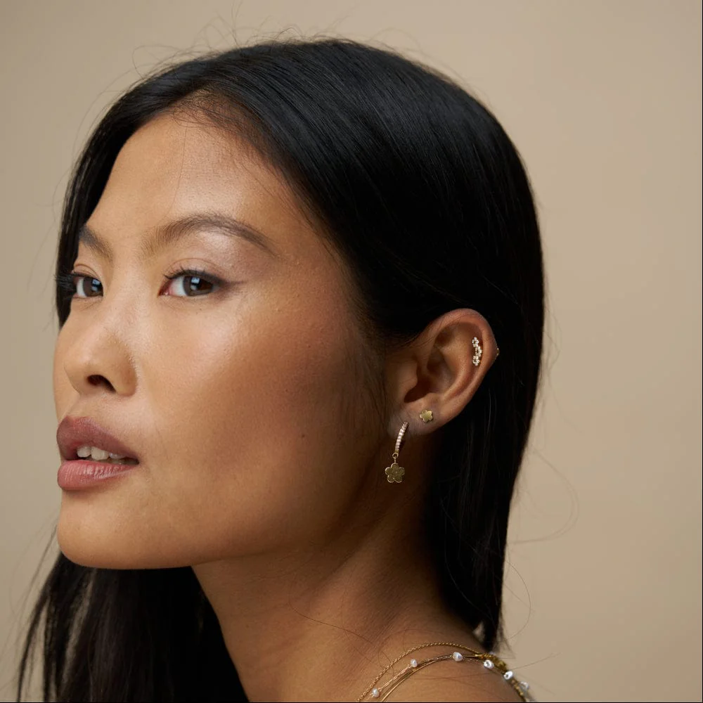 Flower & Pavé Huggie Hoop Earrings - Image 2