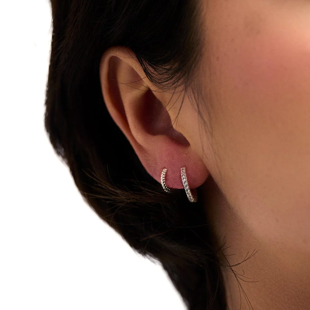 Pavé Huggie Hoop Earrings - Silver - Image 4