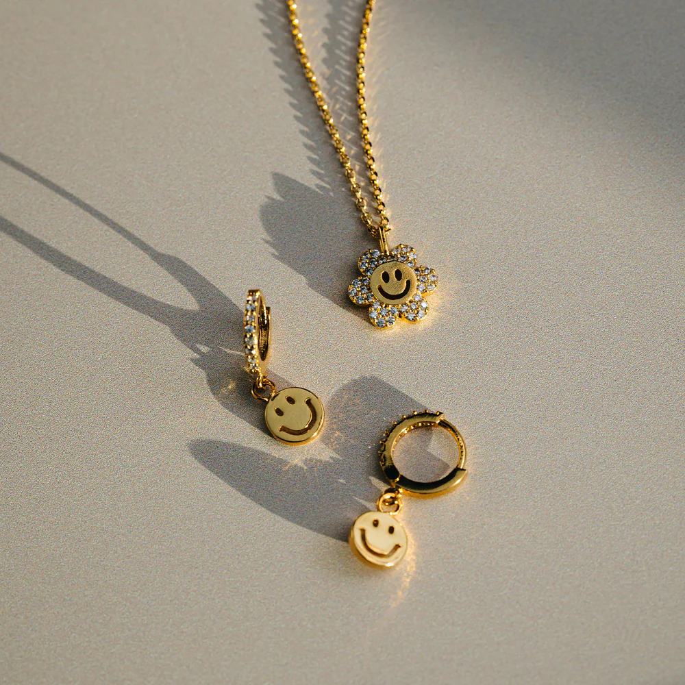 Pavé Flower Happy Face Charm Necklace - Image 5