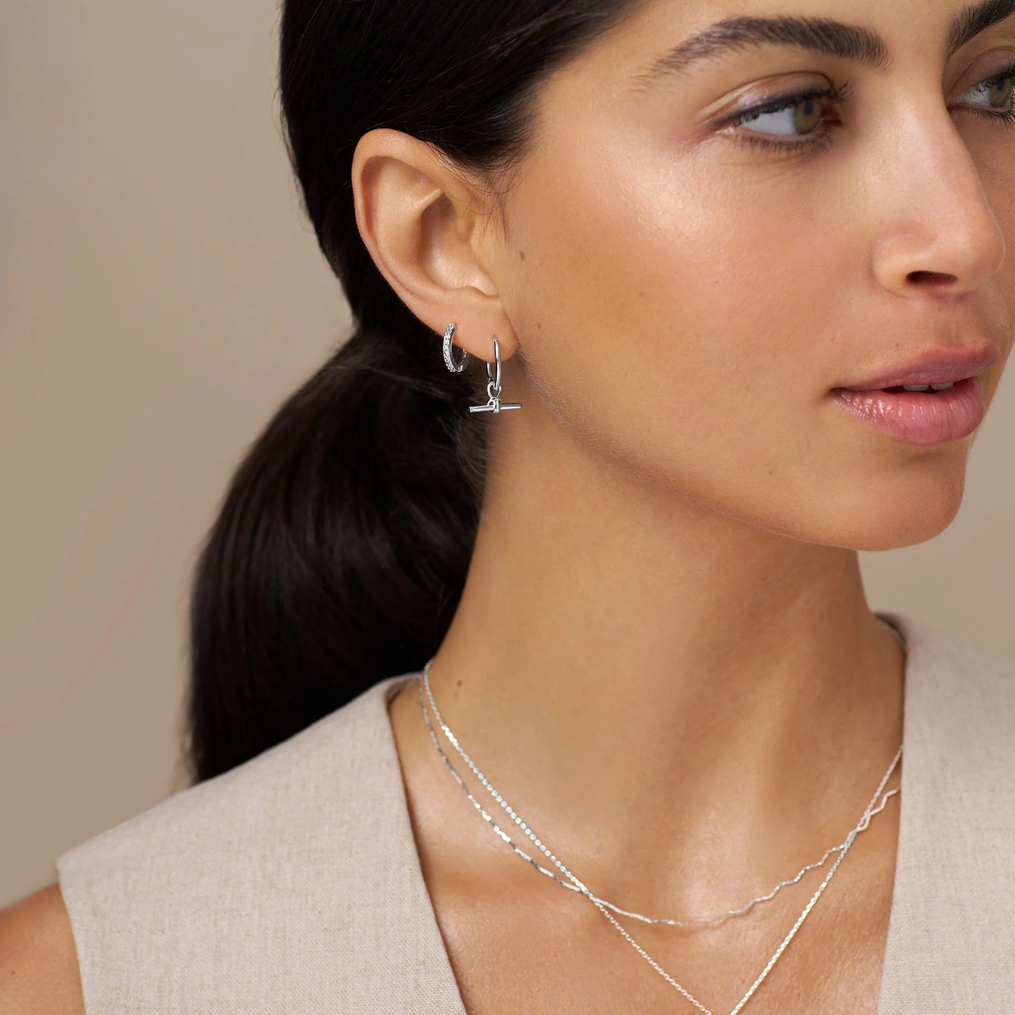 Pavé Mini Micro Hoop Earrings - Silver - Image 2