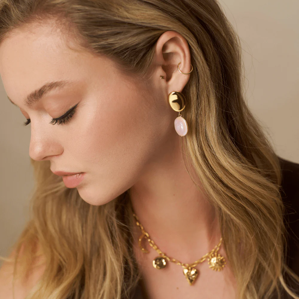 Polished Coin & Pearl Drop Earrings - Image 2