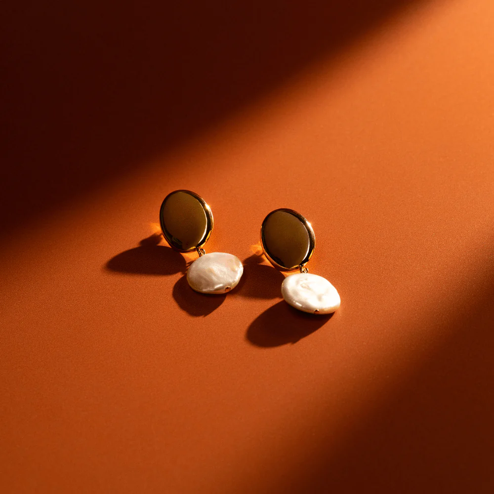 Polished Coin & Pearl Drop Earrings - Image 3