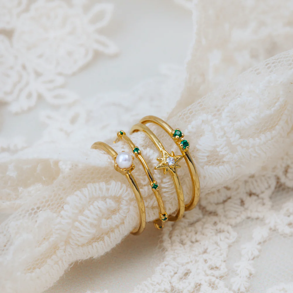 Starburst & Pearl Stacking Ring Set - Image 4