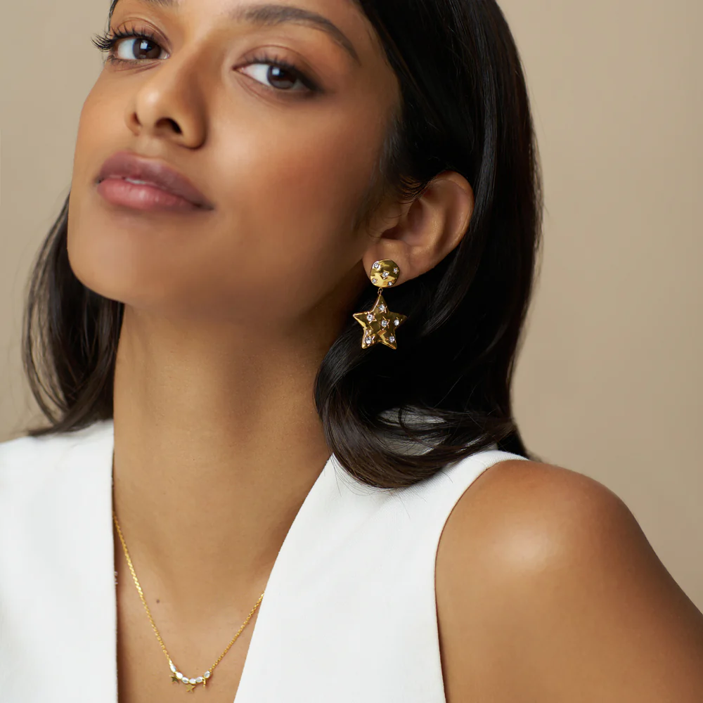 Statement Molten Star Embellished Drop Earrings - Image 2