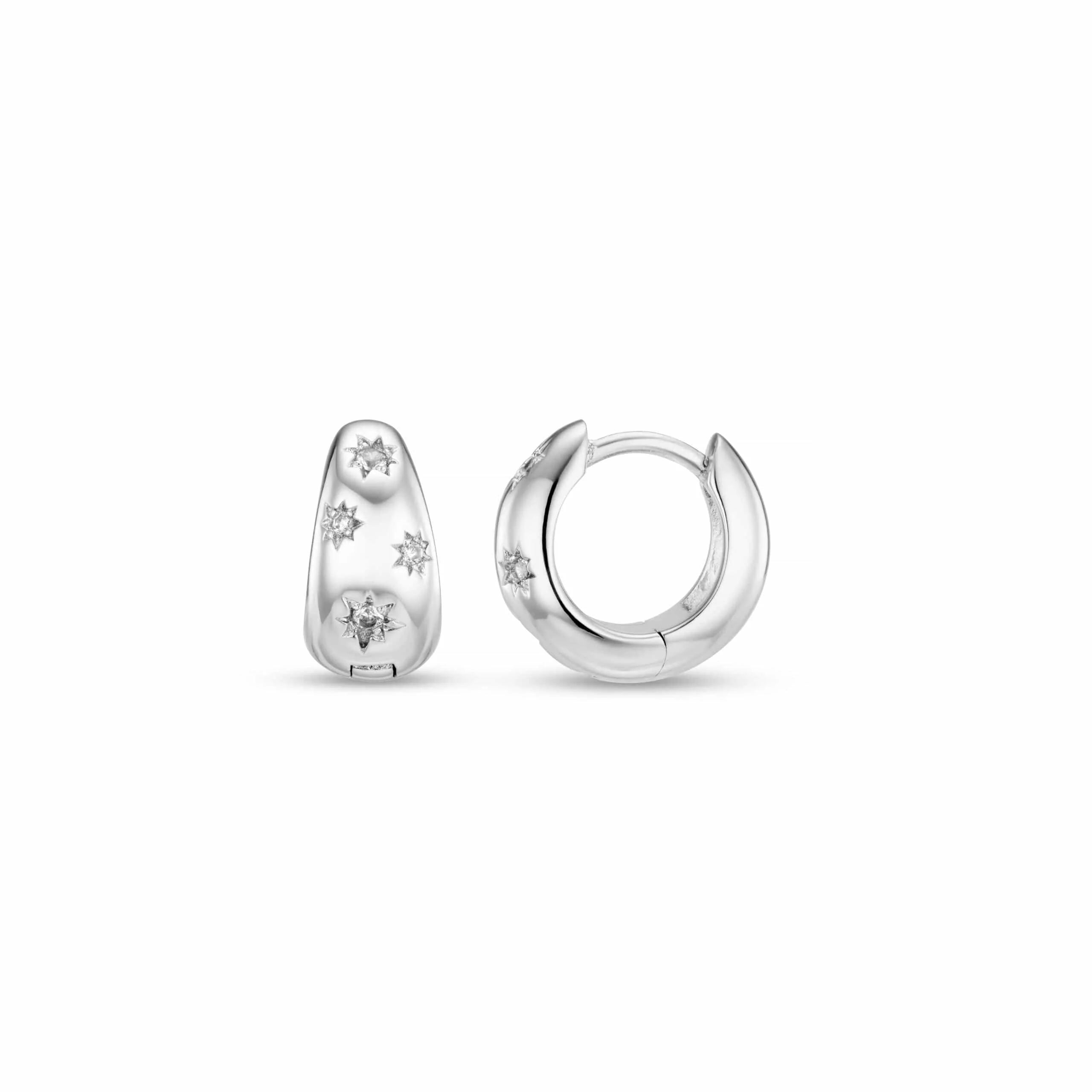 Tapered Crystal Starburst Huggie Hoop Earrings - Silver