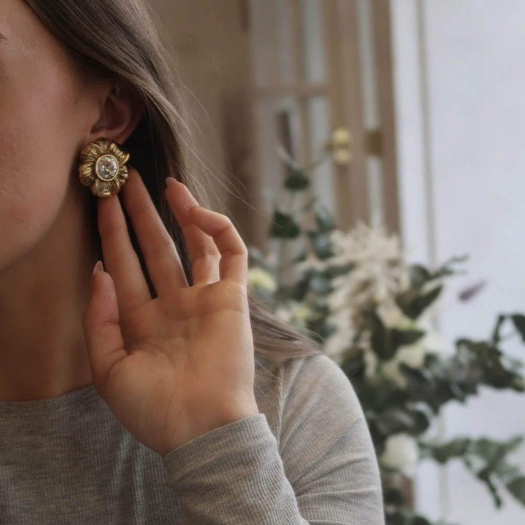 Vintage Statement Flower Crystal Clip-On Earrings - Image 2